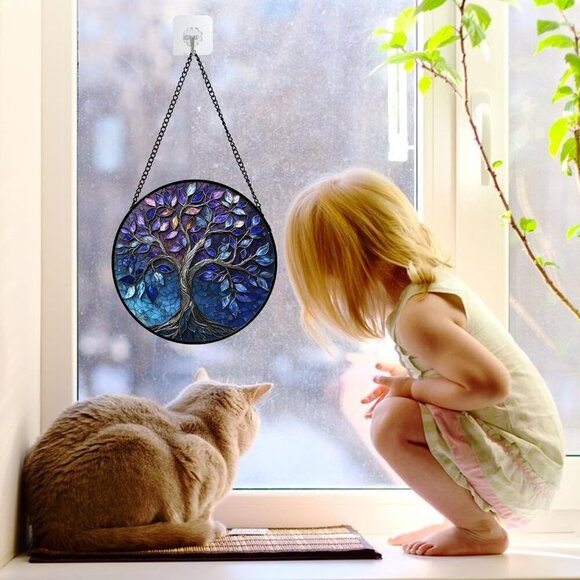 Blue Purple Tree of Life s Colorful Glass Panel Plants Suncatcher Decor for Birt - Picture 2 of 6